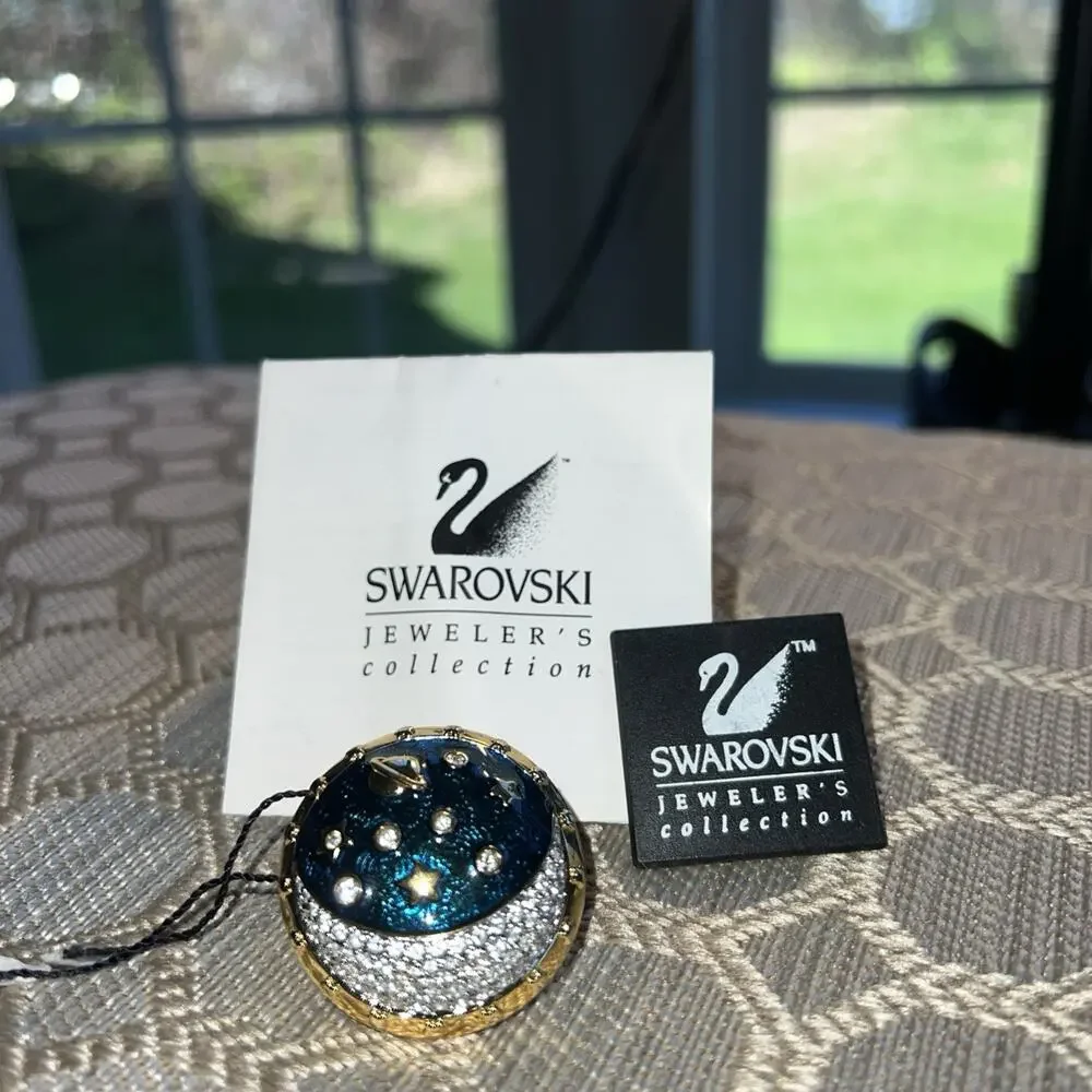 Vintage Swarovski Circle Brooch Sun Moon Stars Enamel Celestial Pin Signed Swan
